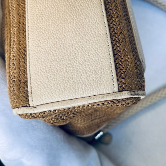 BRIGHTON Cream & Tan Raffia Wicker Genuine Leather Shoulder Bag Tote Purse - Picture 10 of 14